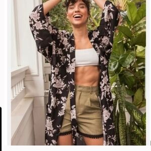 Spiritual Gangster Women's Maya Black Floral Kimono Cardigan Pockets Size OS